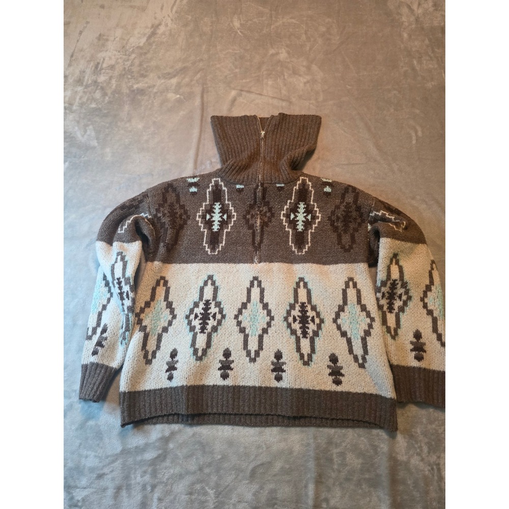Pink Republic Sweater Women Medium Brown Aztec Quarter Zip Mock Neck PF4S26557